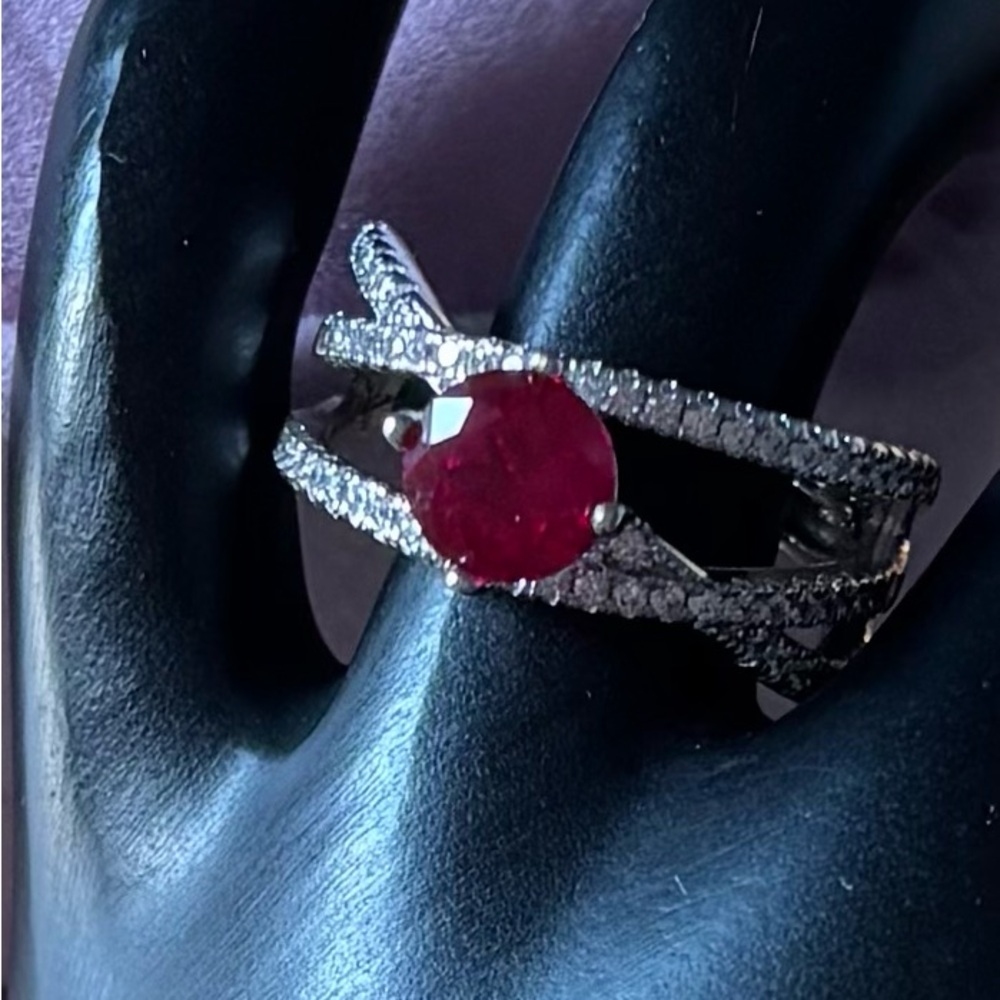 Ruby Red Moissanite Sterling Silver Crossover Ring - image 2
